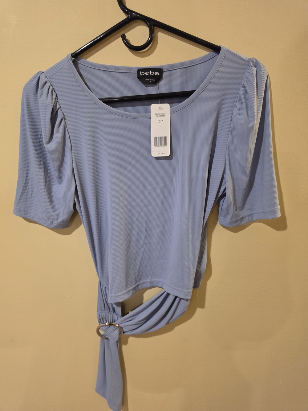 bebe Dusty Blue Ring-Tie Puff Sleeve Crop Top